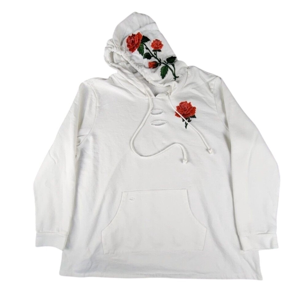 Hoodie Sweatshirt Womens Medium White Rose Floral Embroidered Fleece Pullover
